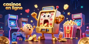 Visuel dynamique illustrant l'excitation des casinos en ligne avec un jackpot de machine à sous et des personnages amusants.