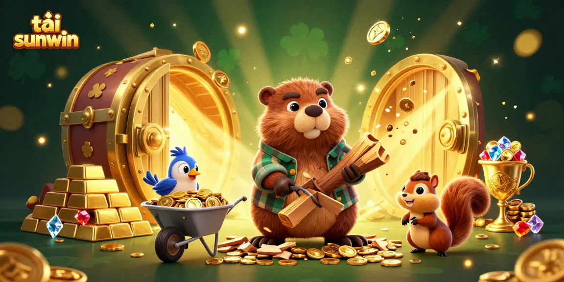 Experience the thrill of tải sunwin with a beaver, squirrel, and bird amidst golden treasures in a vibrant casino illustration.
