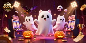 Pariez sur des paris sportifs sans limite de mise dans une scène animée avec un chat fantôme et des éléments sportifs.
