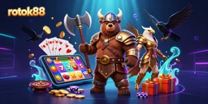 Play colorful slot game action with rokok88 in a dynamic 3D casino scene featuring unique characters.