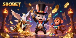 Get ready to play SBOBET with a magical scene featuring a rabbit magician conjuring coins and poker chips.