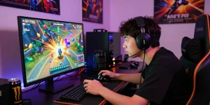 Aviator Pro gaming scene with a player immersed in crash game excitement, vibrant graphics and colorful animations illuminating the room.