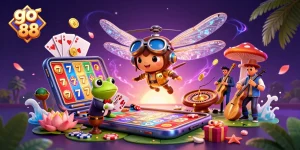 Engage with go 88 in a vibrant casino scene featuring exciting games and characters.