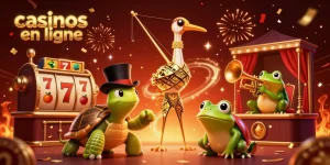 Jouer aux casinos en ligne avec une illustration colorée et dynamique d'un crane art déco et d'animations de jeux.