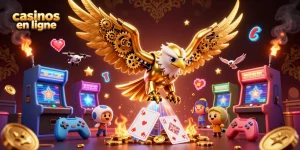 Découvrez des jeux captivants dans les casinos en ligne avec une illustration dynamique d'un aigle cybernétique et des machines à sous colorées.