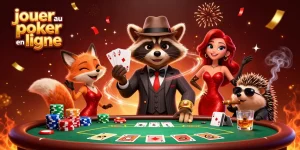 Jouer au poker en ligne dans une ambiance festive avec des personnages colorés autour d'une table