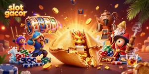 Engage in slot gacor excitement with vibrant characters and gaming elements in a dynamic 3D representation.