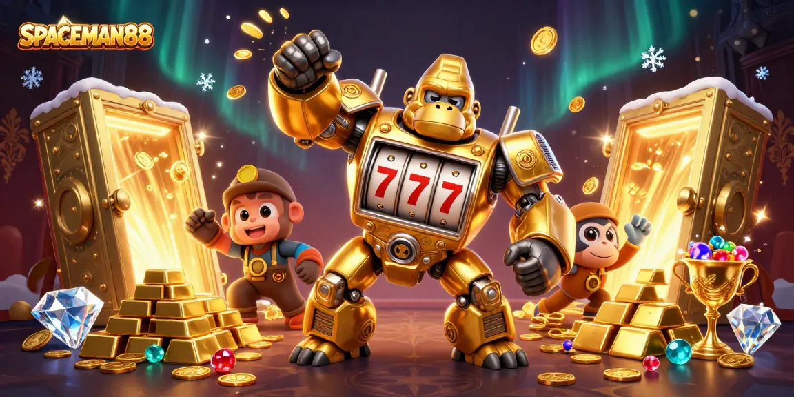 Experience SPACEMAN88 with a dynamic illustration of a golden gorilla mech and treasure-filled scene.