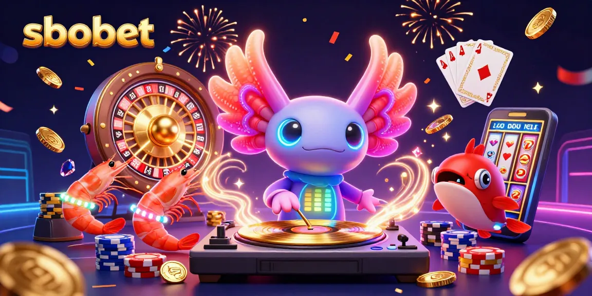 Spin exciting sbobet action with a vibrant axolotl DJ and glowing casino elements in this thrilling digital scene.