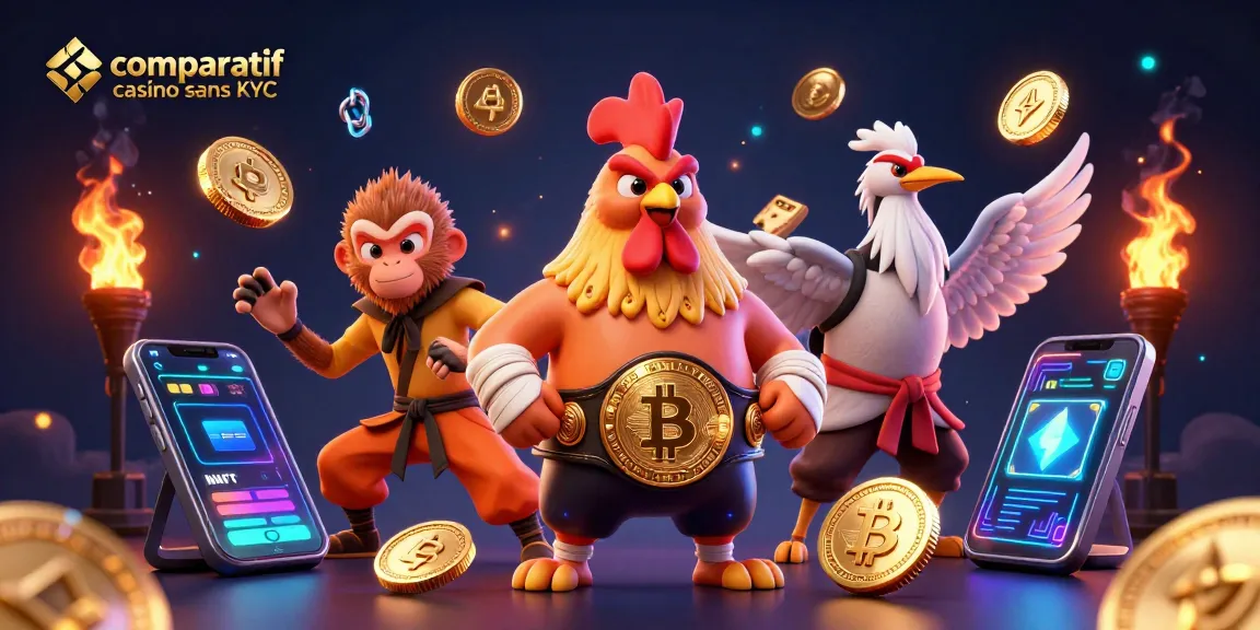 Comparatif casino sans KYC : illustration d'un combat entre un coq thaï, un singe Shaolin et une grue, avec des éléments de casino.