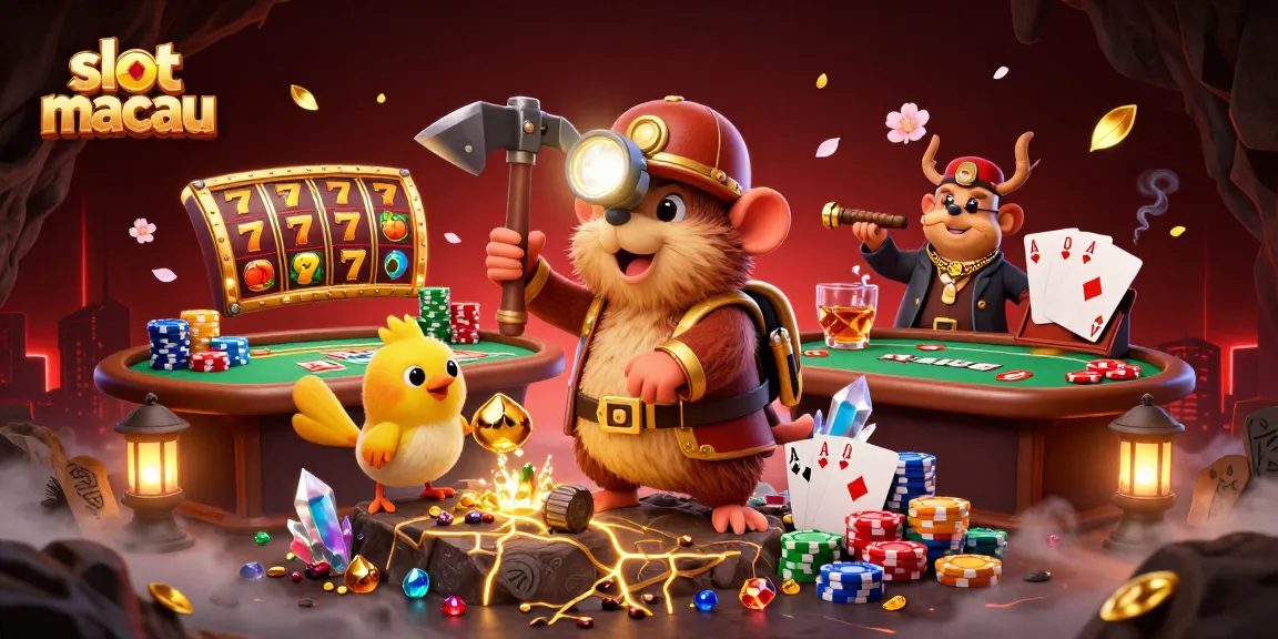 Engage in thrilling slot macau action with a whimsical treasure hunter mole amidst dazzling casino elements.