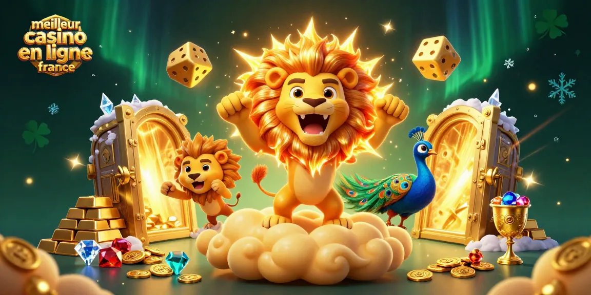Visualisation du meilleur casino en ligne France avec un lion en 3D, des dés dorés et des trésors brillants.