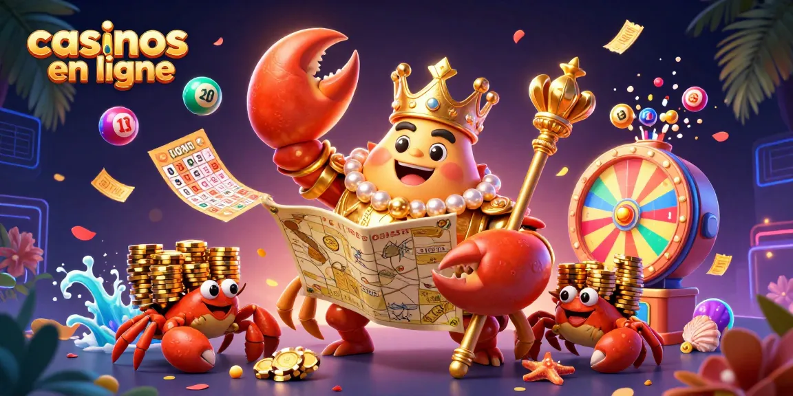 Plongez dans les meilleurs casinos en ligne avec l'illustration d'un roi crabe et ses trésors.