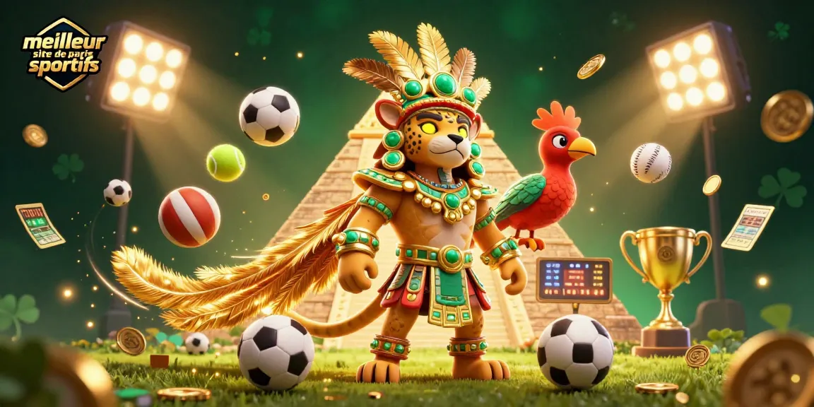 Pariez sur le meilleur site de paris sportifs avec une illustration dynamique de personnages mayas et des éléments sportifs en action.