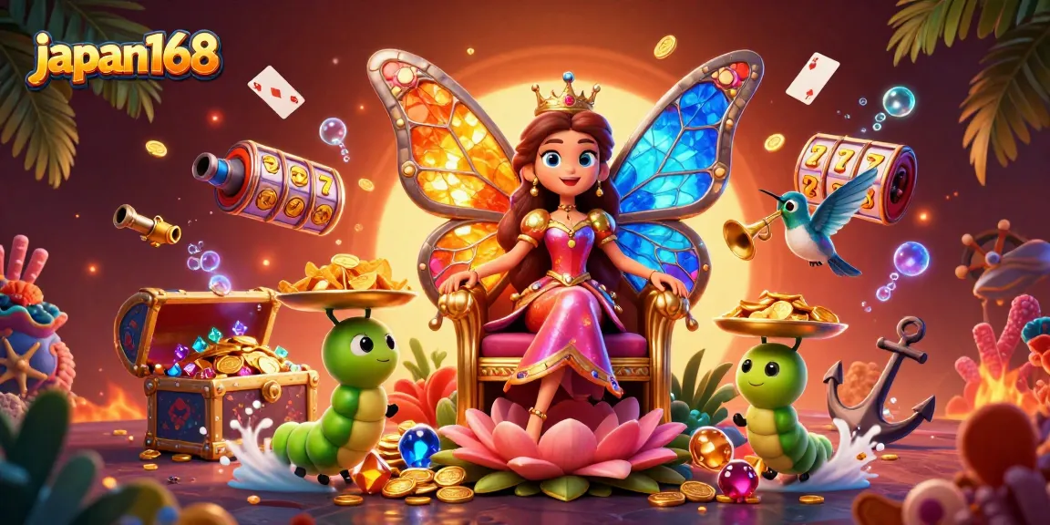 Engage with japan168's vibrant 3D casino illustration showcasing a colorful butterfly queen amidst dynamic casino elements.