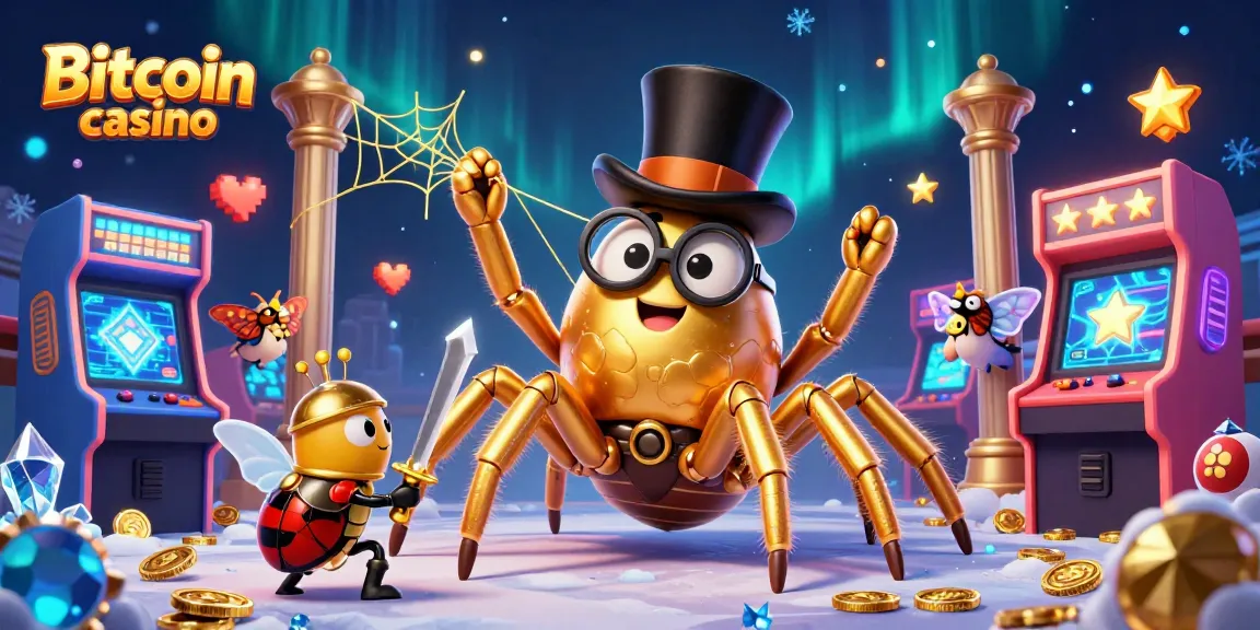 Image dynamique d'un Bitcoin casino où une tarentule dorée tisse une toile, entourée de jeux d'arcade colorés.