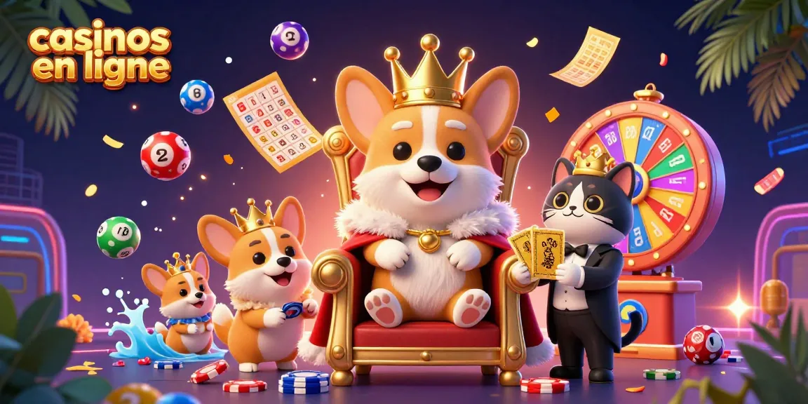 Jouez dans des casinos en ligne animés avec un corgi royal sur un trône de jetons et un chat majordome offrant des cartes.