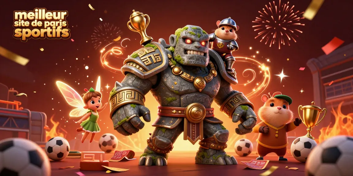Visualisez le meilleur site de paris sportifs avec un gardien golem 3D et un hamster courageux en action.
