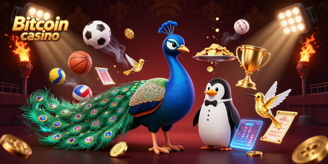 Visitez un casino Bitcoin avec un paon élégant, un pingouin serveur et un colibri, entourés de jeux.