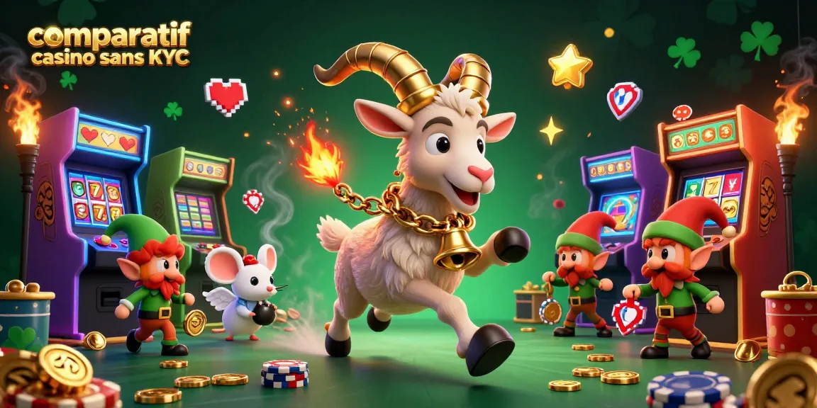 Visuel vibrant et coloré illustrant le comparatif casino sans KYC avec Krampus et ses acolytes, jeux et casino.