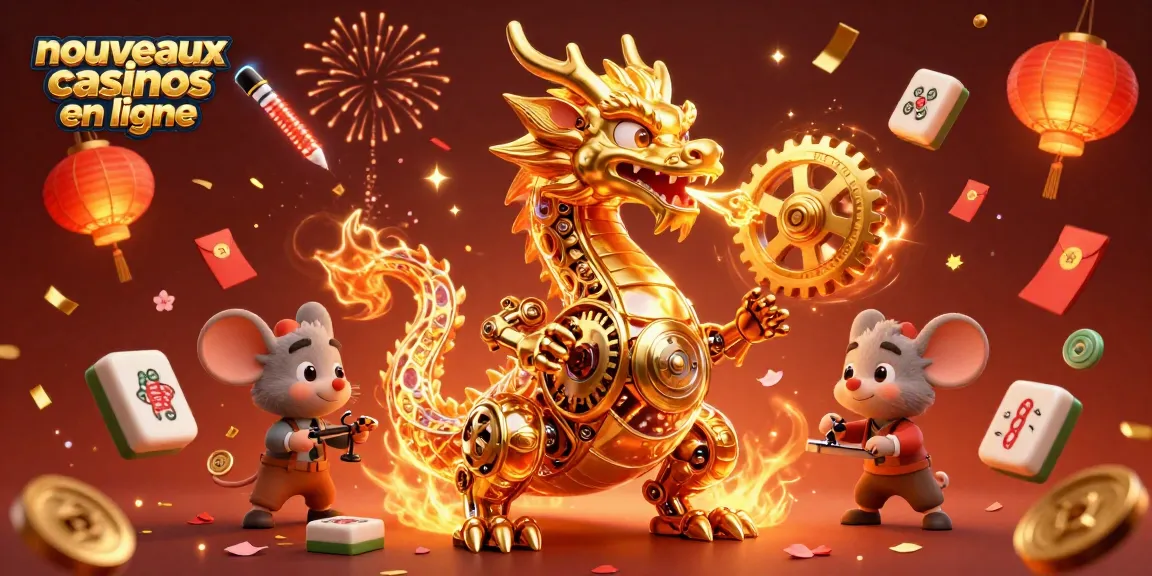 Visualisez les nouveaux casinos en ligne avec ce dragon doré ludique et des éléments de jeu captivants.