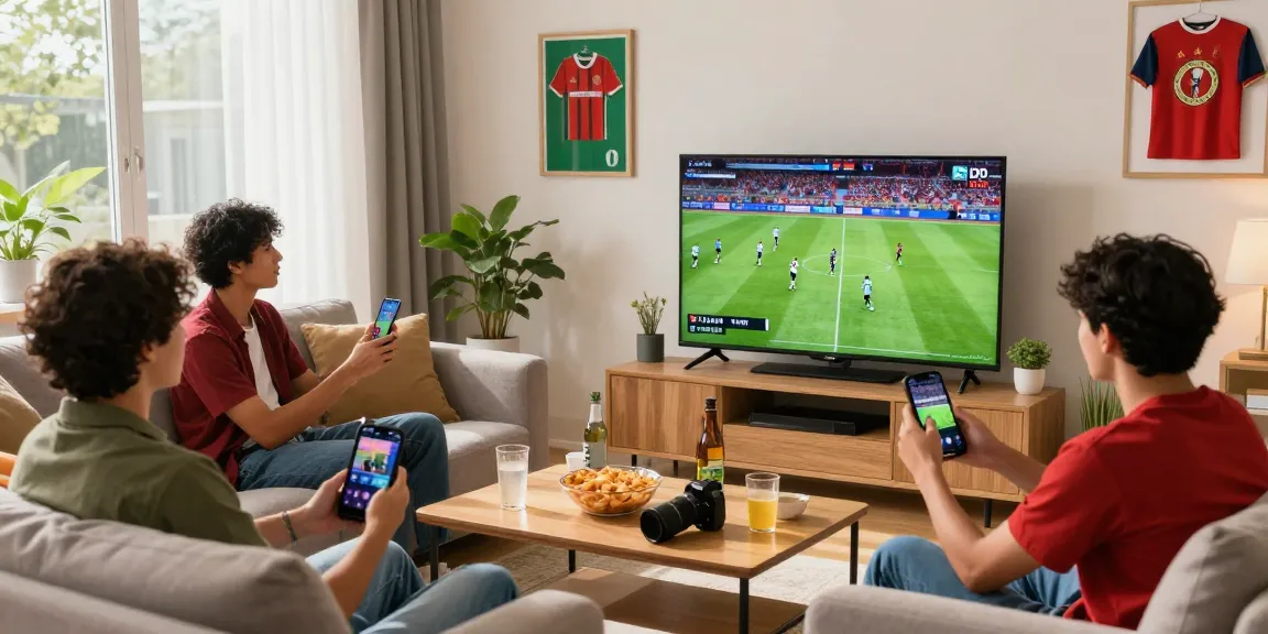 Menonton live streaming sepak bola berkualitas tinggi dengan teman-teman di ruang tamu.