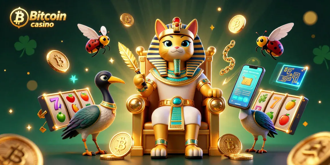 Le Bitcoin casino illustre un pharaon égyptien et des symboles de jeux de casino virtuels.