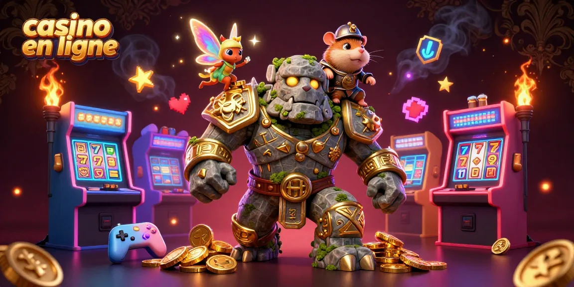 Casino en ligne : personnage de jeu 3D dans un monde magique rempli de machines à sous et de symboles de chance.