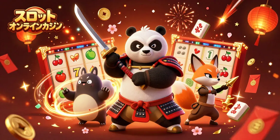 スロット オンラインカジノで、サムライパンダが刀を抜く魅力的なイラスト。
