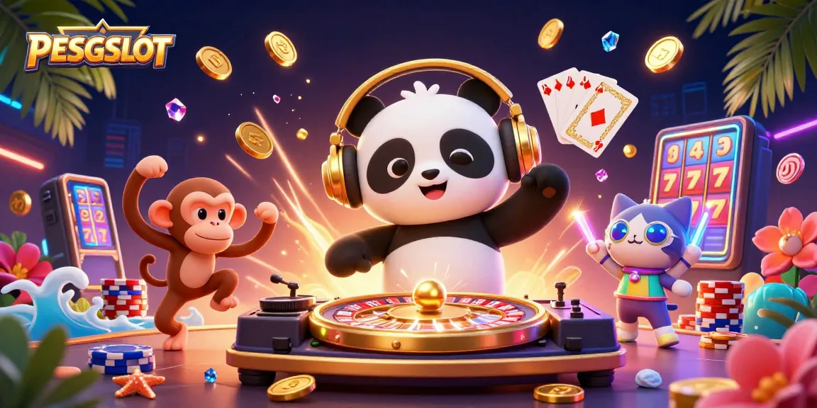 PESGSLOT menghadirkan DJ panda beraksi di kasino dengan simbol jackpot dan koin berkilau.