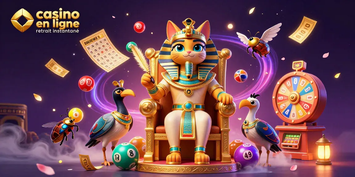 Plongez dans l'univers du casino en ligne retrait instantané avec un pharaon et des éléments colorés.