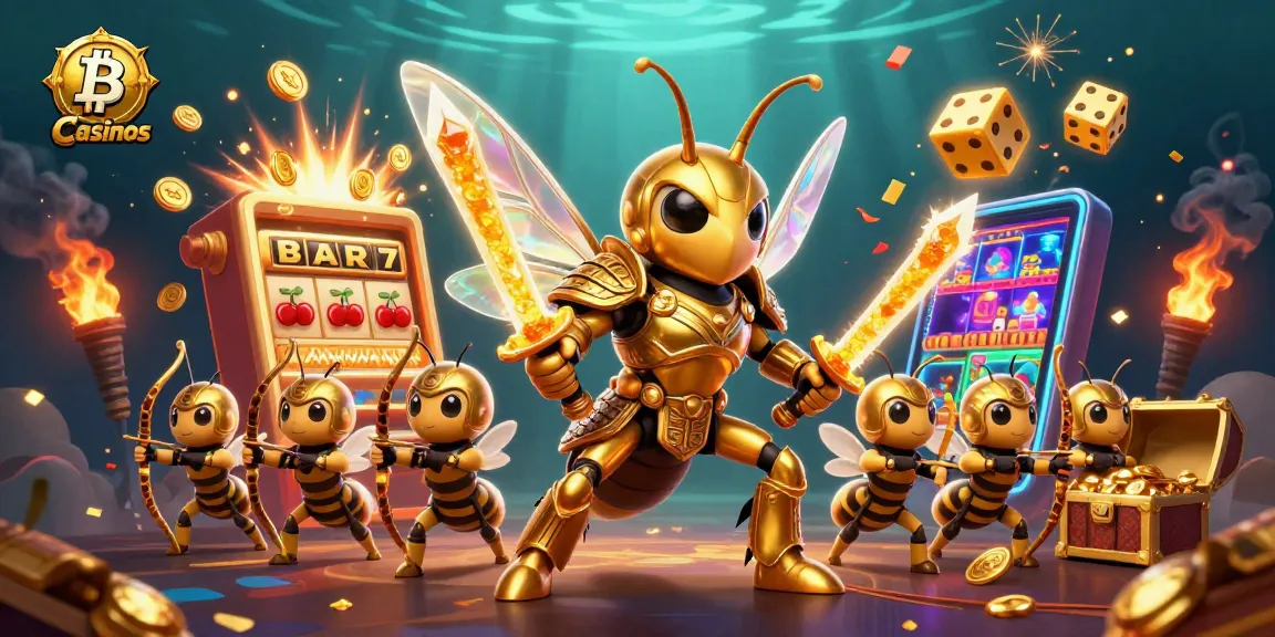 Jouez aux casinos Bitcoin avec un hornet samouraï dynamique entouré de jeux captivants et d'éléments explosifs.