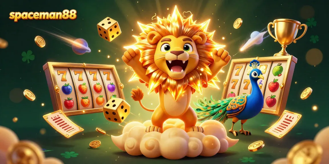 Spin the reels with spaceman88 featuring a roaring sun lion and golden jackpot dice.