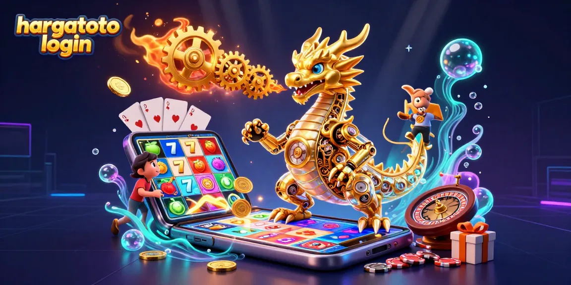 Experience seamless hargatoto login with captivating 3D imagery of casino elements and immersive visuals.